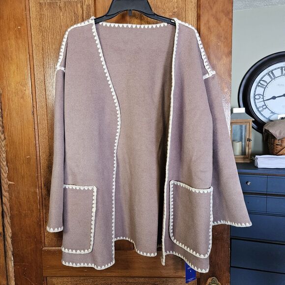 Chou Yaton Womens Small Oversized Wool Coat Jacket Grey With Cream Embroid New - Picture 1 of 6